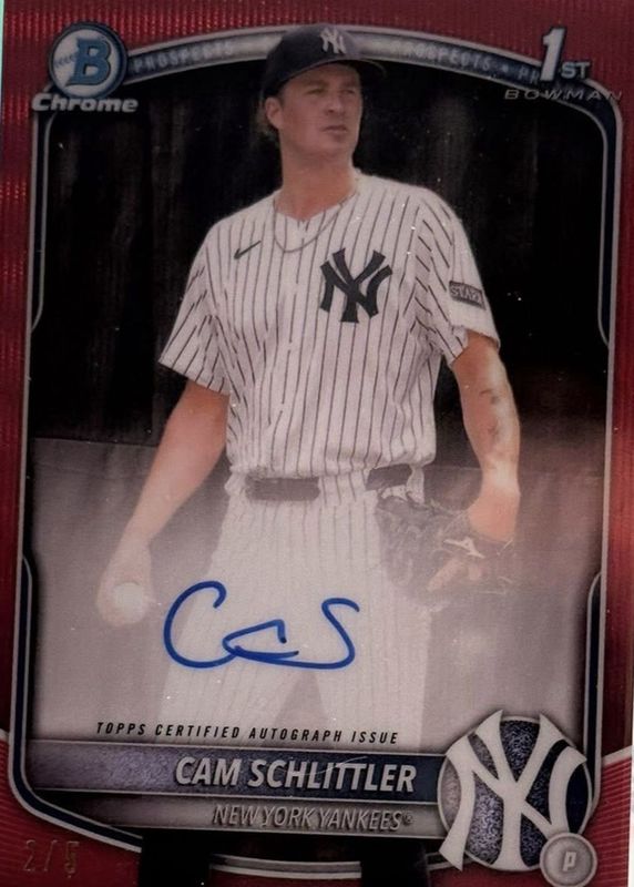 Cam Schlittler 2025 Bowman Chrome #CPA-CSC Prospect Auto - Red Wave Refractor /5 (1st) RAW