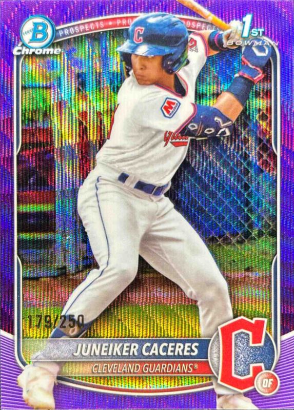 Juneiker Caceres 2025 Bowman Chrome #BCP-231 Chrome Prospects - Purple Wave Refractor /25 RAW