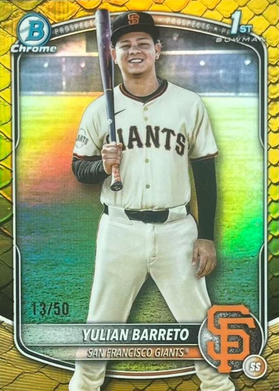 Yulian Barreto 2025 Bowman Chrome #BCP-229 Prospects - Reptilian Gold Refractor /50 (1st) RAW