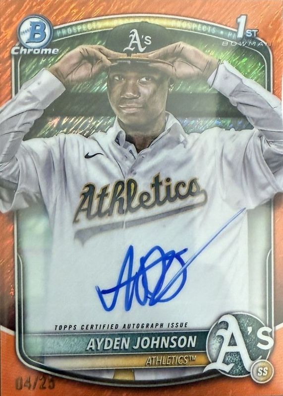 Ayden Johnson 2025 Bowman Chrome #CPA-AJ Prospect Auto - Orange Wave Refractor /25 (1st) RAW