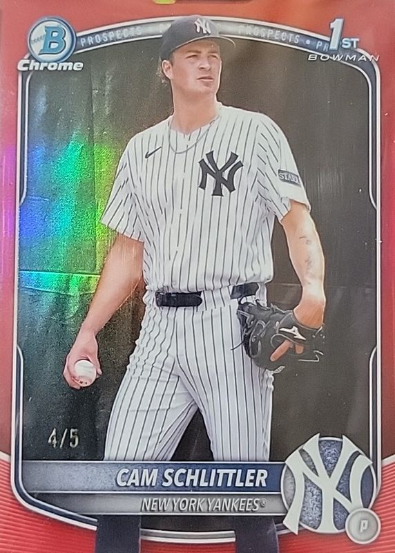 Cam Schlittler 2025 Bowman Chrome #BCP-166 Prospects - Red Refractor /5 (1st) RAW