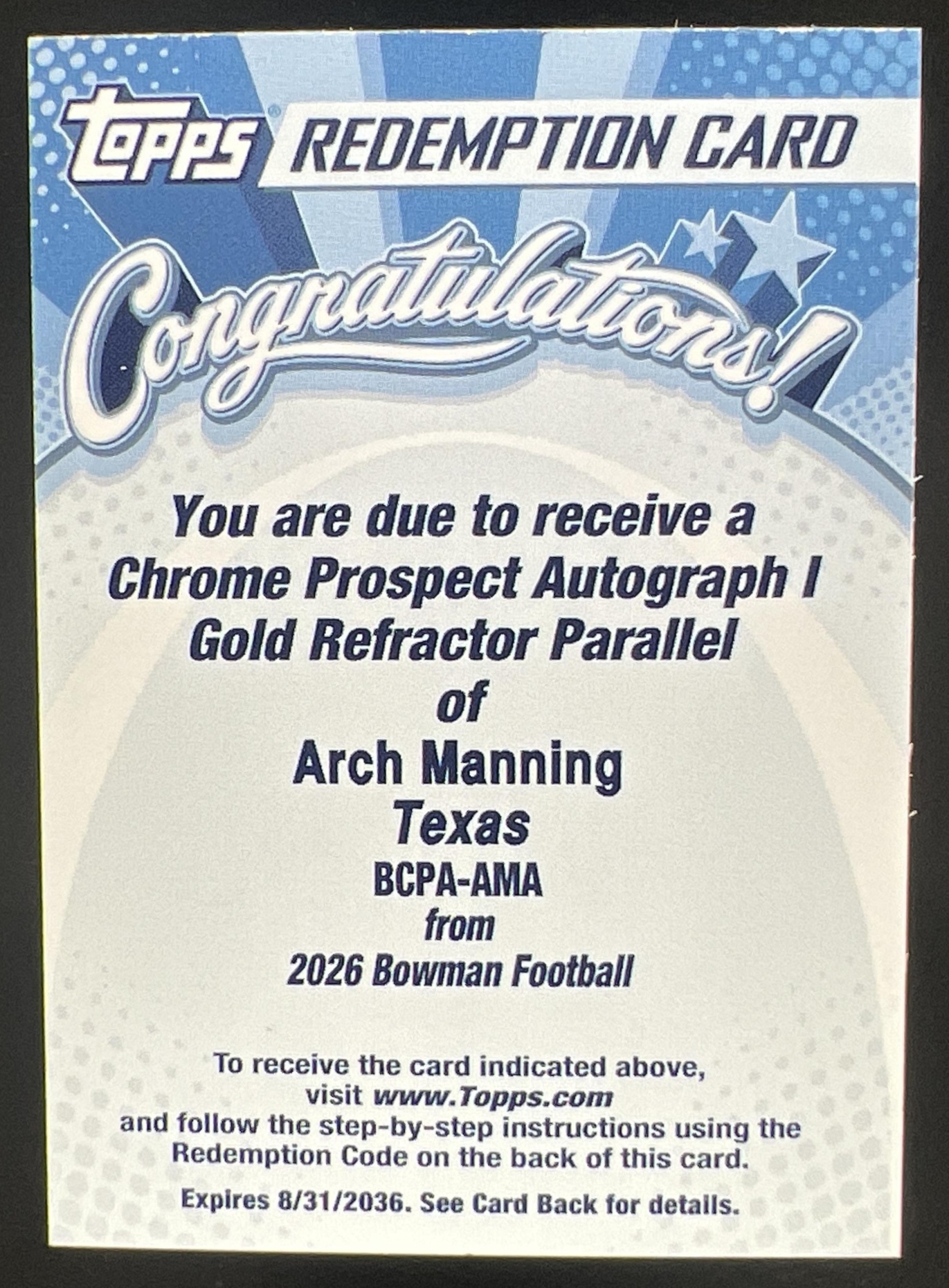 Arch Manning 2026 Bowman #BCPA-AMA Chrome Prospect Autographs - Gold ...