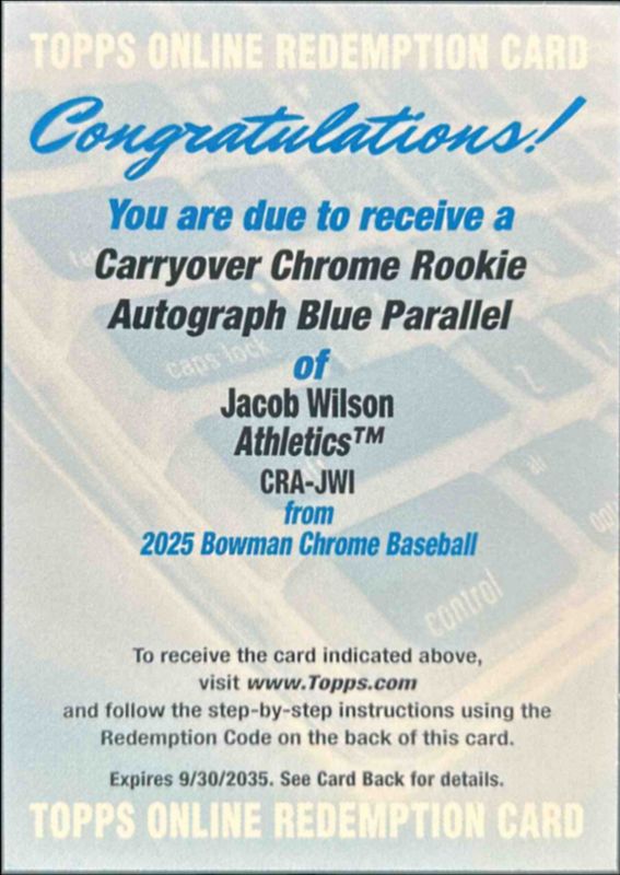 Jacob Wilson 2025 Bowman Chrome #CRA-JWI Chrome Rookie Autographs - Blue Refractor /150 RAW