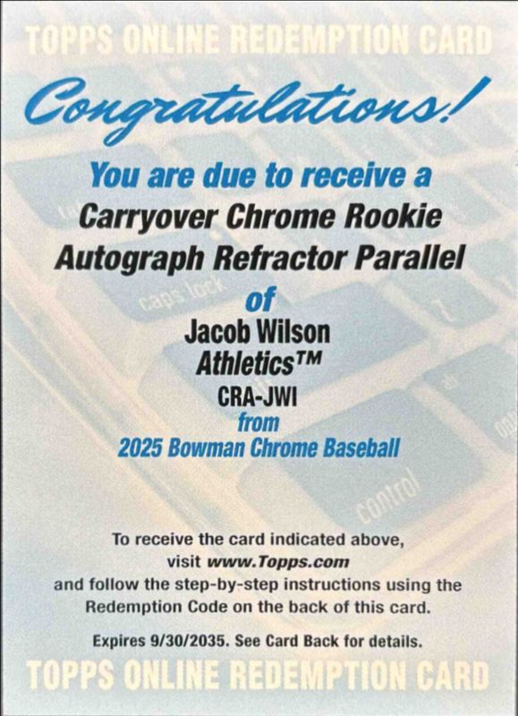 Jacob Wilson 2025 Bowman Chrome #CRA-JWI Rookie Short Print Image Variation Autographs /25 RAW