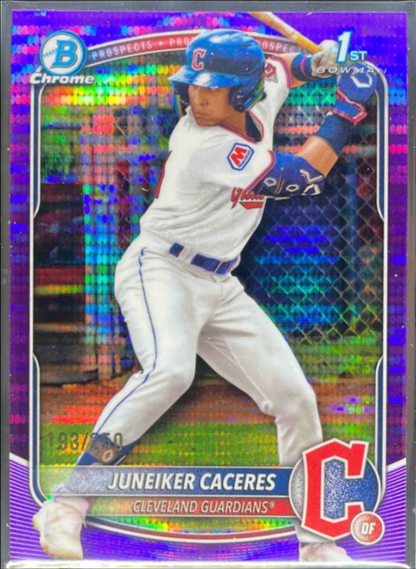 Juneiker Caceres 2025 Bowman Chrome #BCP-231 Chrome Prospects - Purple Pulsar Refractor /25 RAW