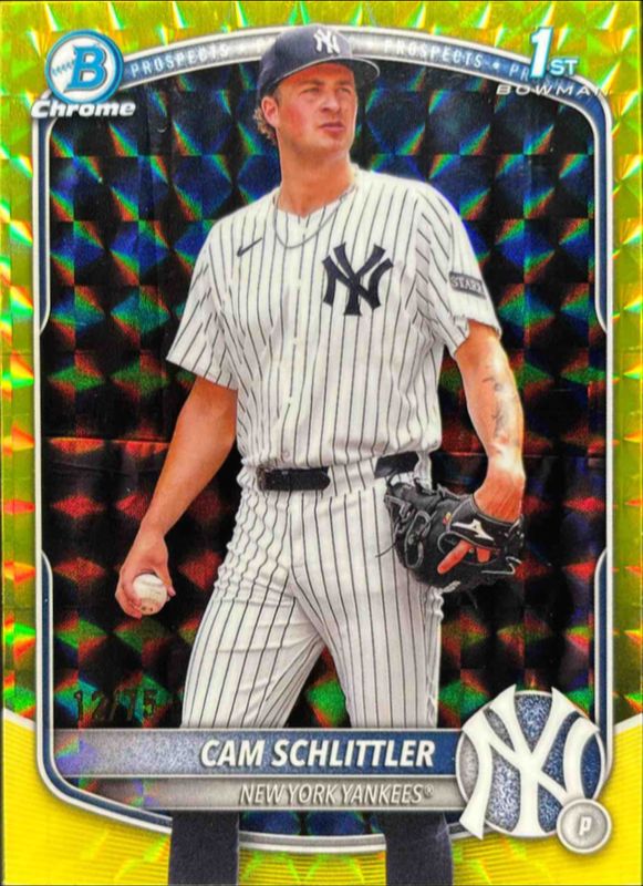 Cam Schlittler 2025 Bowman Chrome #BCP-166 Chrome Prospects - Yellow Geometric Refractor RAW