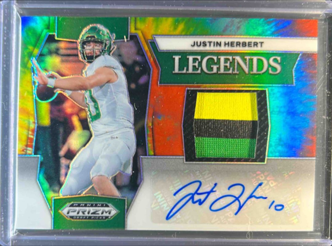 Justin Herbert 2024 Prizm Draft Picks #LPA-JH Legends Patch Autographs - Tie-Dye /25 RAW