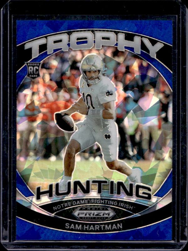 Sam Hartman 2024 Prizm Draft Picks #TH-SHN Trophy Hunting - Blue Ice /99 Rookie RAW