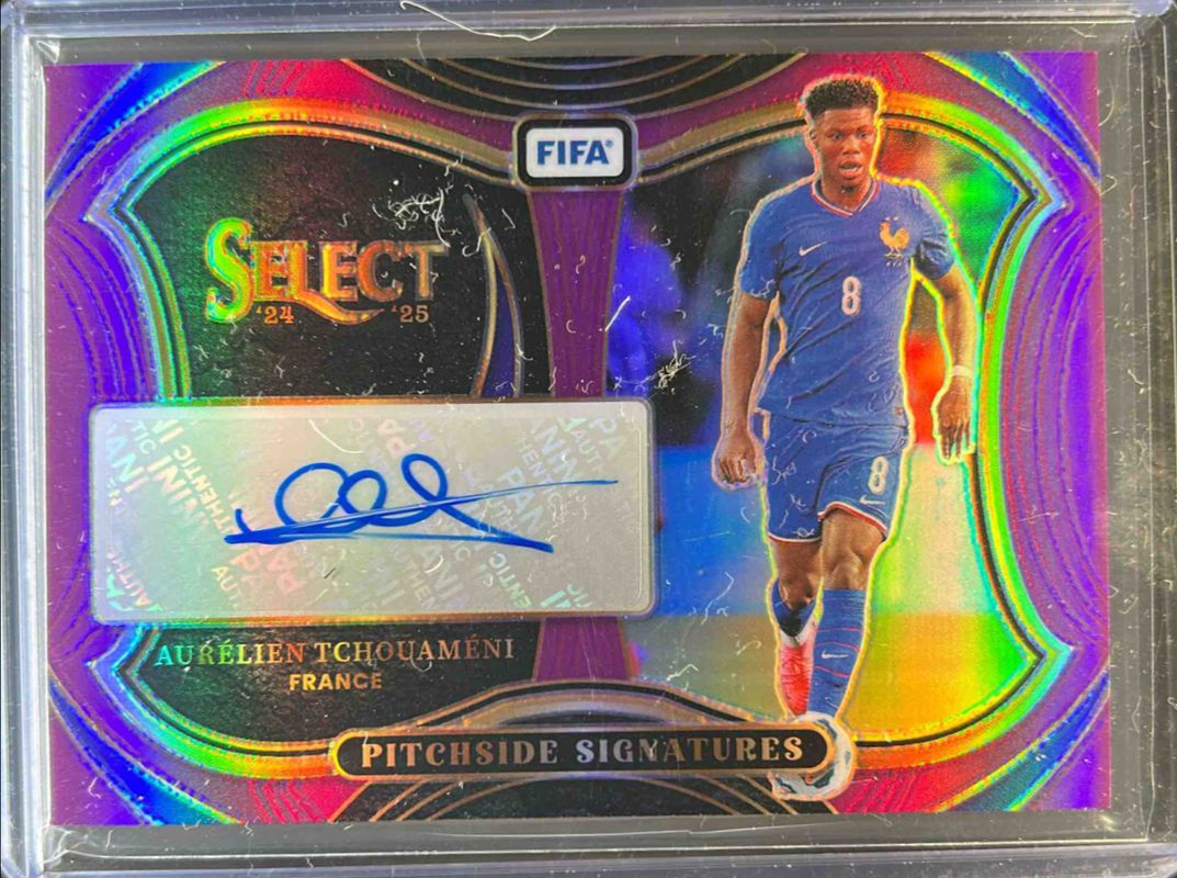 Aurelien Tchouameni 2024 Select FIFA #PS-AT Pitchside Signatures Purple /49 RAW