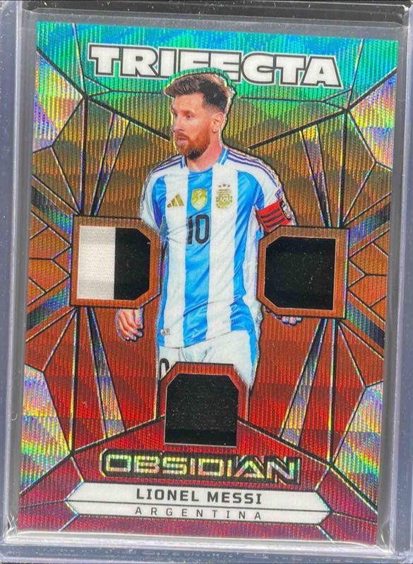 Lionel Messi 2024 Obsidian #TM-LM Trifecta Material - Electric Etch Taiga /4 RAW
