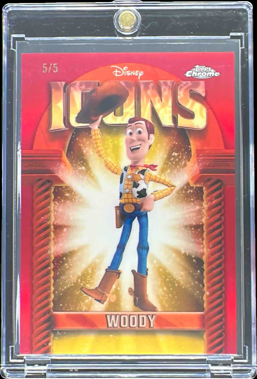 Woody 2025 Topps Chrome Disney #DI-25 Disney Icons - Red Refractor