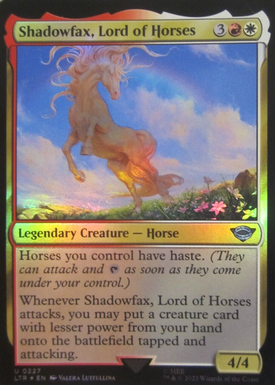 shadowfax mtg card Biggest Flavor Wins in The Lord of the Rings: Tales Of Middle-earth you may put a creature card with lesser power from your hand onto the battlefield tapped and attacking Shadowfax, Lord of Horses MTG