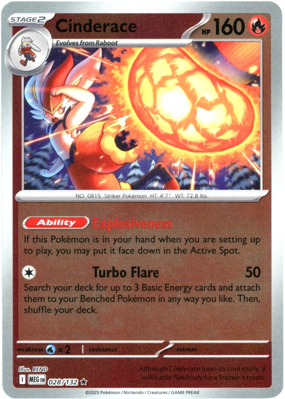 cinderace pokemon card 2025 Mega Evolution #028/132 Reverse Holo Price Guide Evolves from Raboot Type Cinderace · Sword & Shield