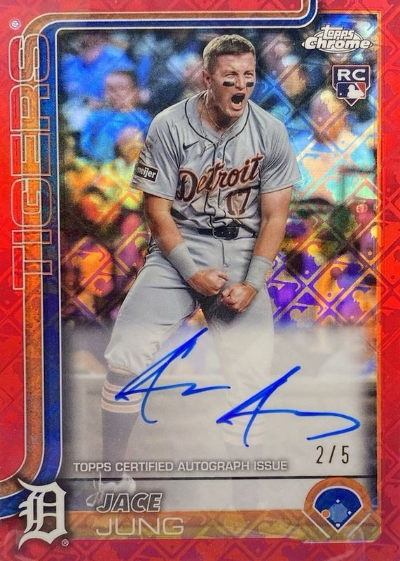 Jace Jung 2025 Topps Chrome Logofractor Edition #RA-JJ Rookie Autographs - Red Refractor /5 RAW