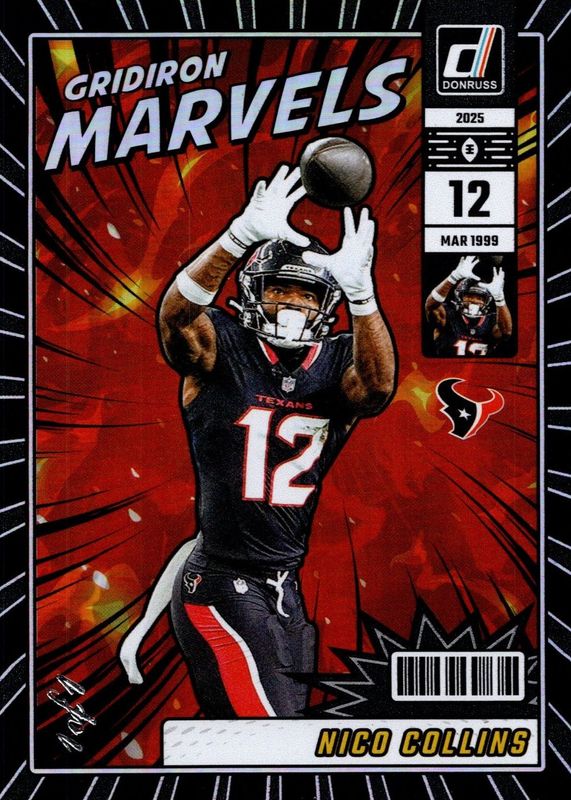 Nico Collins 2025 Donruss #8 Gridiron Marvels - Black /1 RAW