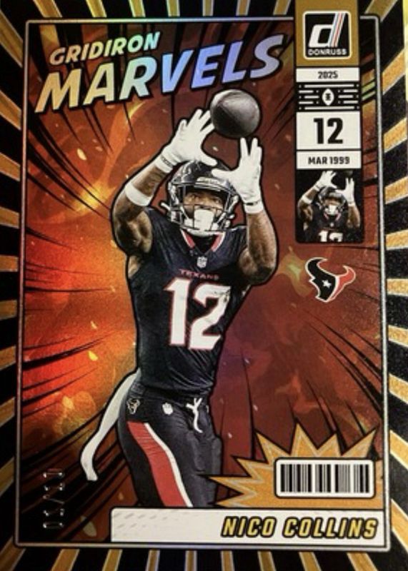 Nico Collins 2025 Donruss #8 Gridiron Marvels - Gold /10 RAW