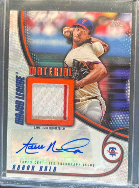 Aaron Nola 2025 Topps #MLMAR-AN Major League Material Autographs - Orange /25 RAW