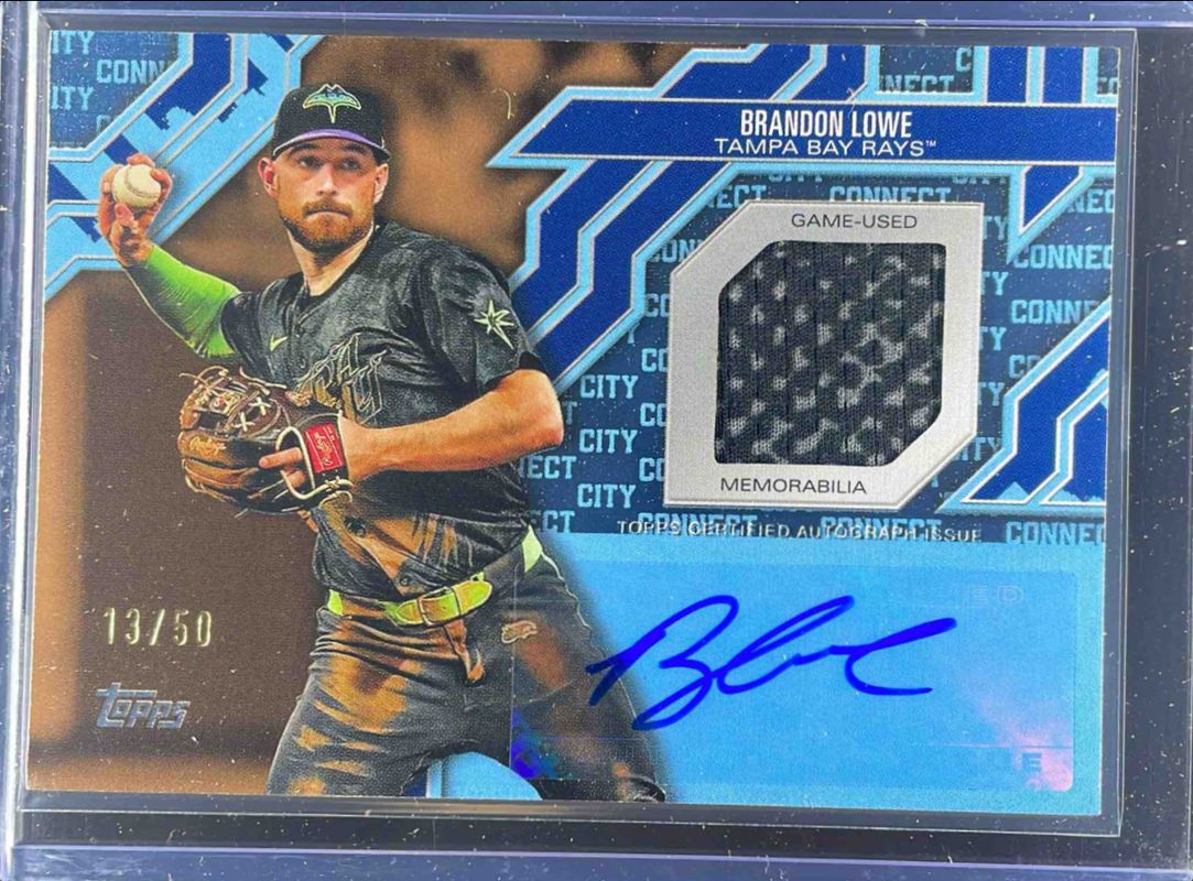 Brandon Lowe 2025 Topps #CCA2-BL City Connect Swatch Collection Autographs Relic (Series Two) - Gold /50 RAW