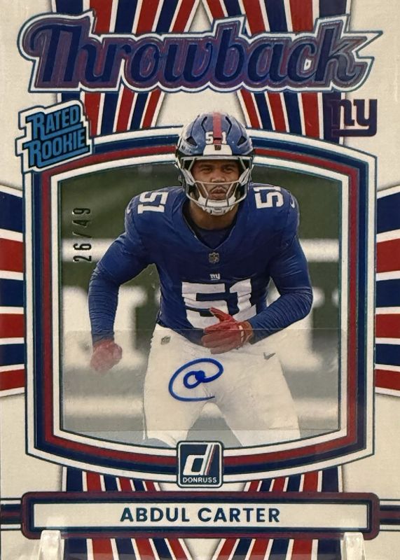 Abdul Carter 2025 Donruss #49 Rated Rookies Throwback Autographs /49 RAW