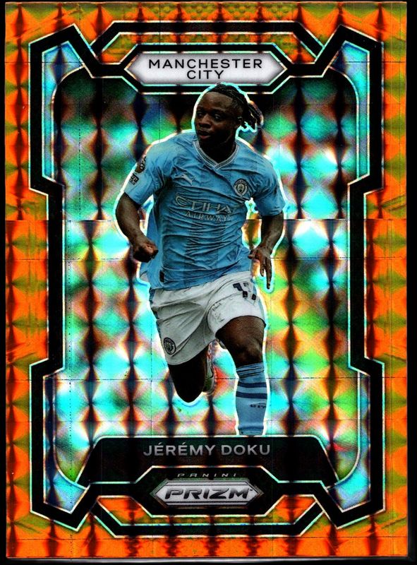 Jeremy Doku 2023 Prizm Premier League #11 Orange Mosaic RAW
