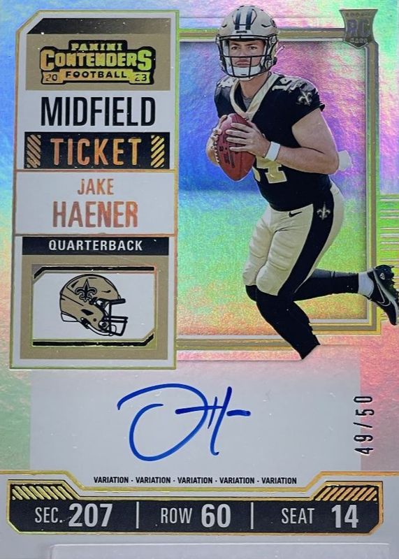 Jake Haener 2023 Contenders #113 Rookie Ticket Auto Variation - Midfield Ticket /50 RAW