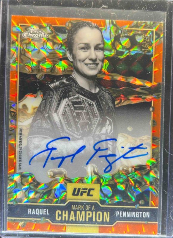 Raquel Pennington 2025 Topps Chrome UFC #MOC-RP Mark of a Champion Autographs - Orange Geometric Refractor /25 RAW