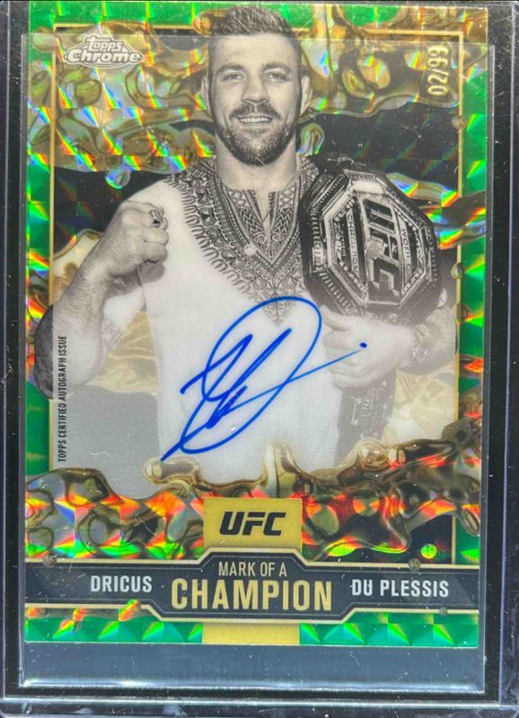 Dricus du Plessis 2025 Topps Chrome UFC #MOC-DD Mark of a Champion Autographs - Green Geometric Refractor /99 RAW