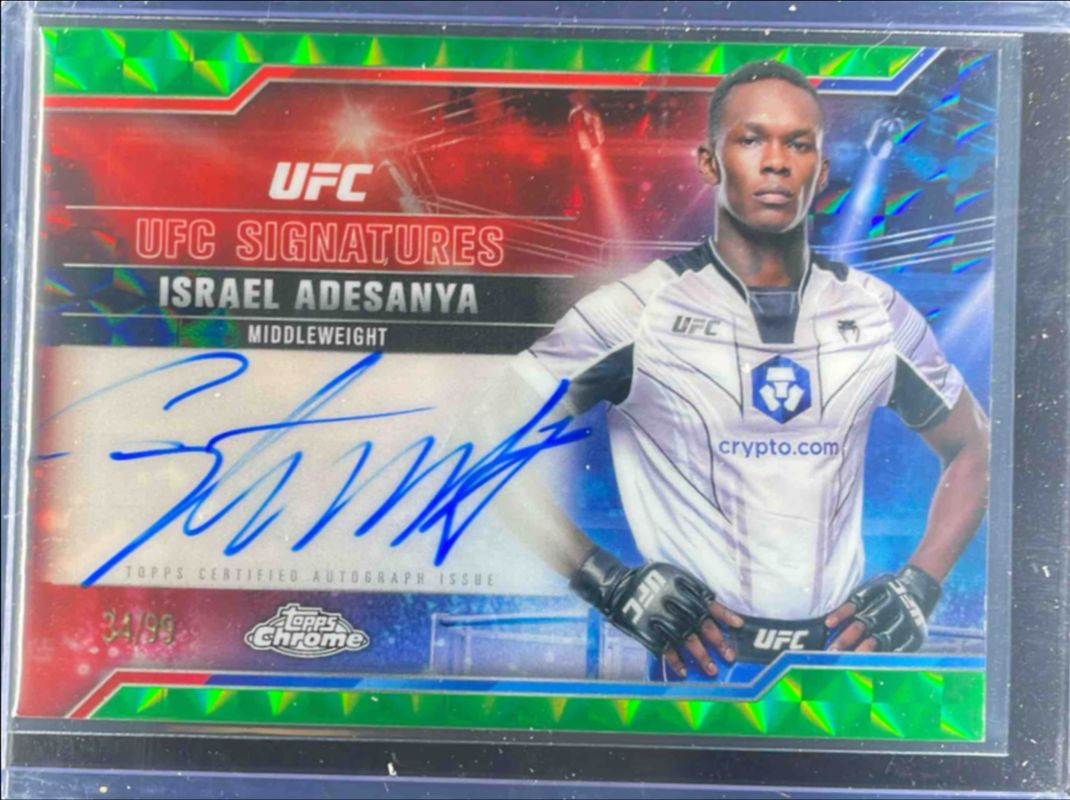 Israel Adesanya 2025 Topps Chrome UFC #SIG-IA UFC Signatures - Green Geometric Refractor /99 RAW