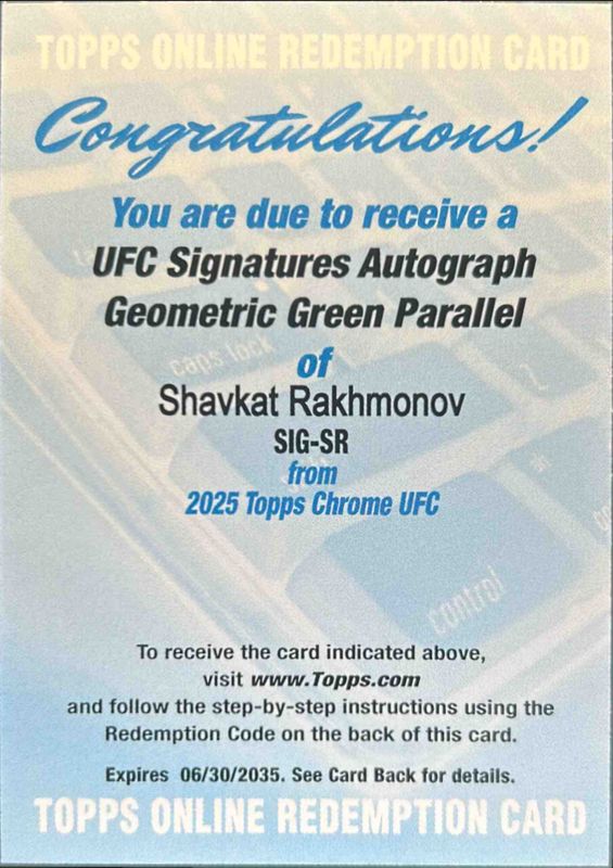 Shavkat Rakhmonov 2025 Topps Chrome UFC #SIG-SR UFC Signatures - Green Geometric Refractor /99 RAW