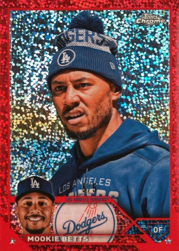 Mookie Betts 2023 Topps Chrome #150 SP Variation - Red Speckle Refractor /5 (Wearing Beanie) RAW