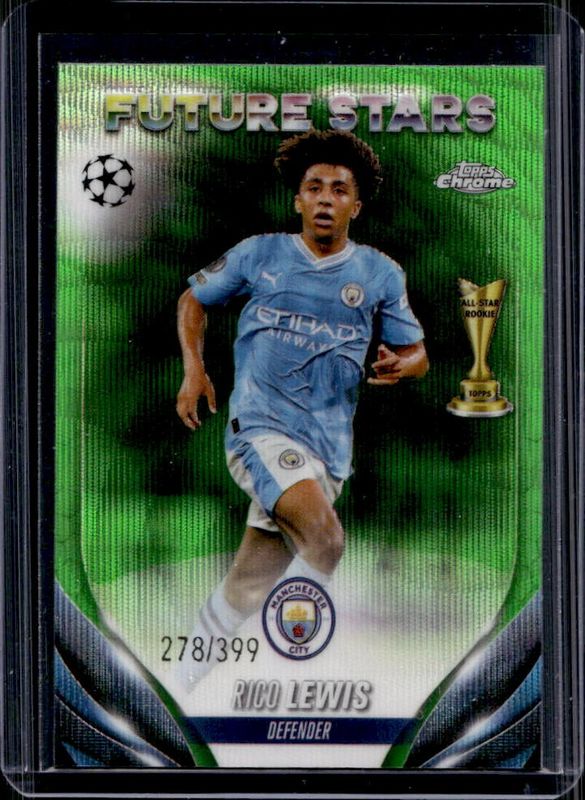 Rico Lewis 2023 Topps Chrome UEFA Club Competitions #105 Neon Green Wave Refractor /399 RAW