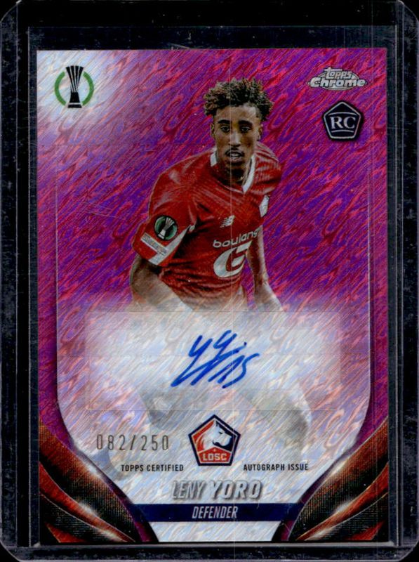 Leny Yoro 2023 Topps Chrome UEFA Club Competitions #CA-YO Chrome Autographs - Pink Shimmer Refractor /250 Rookie RAW