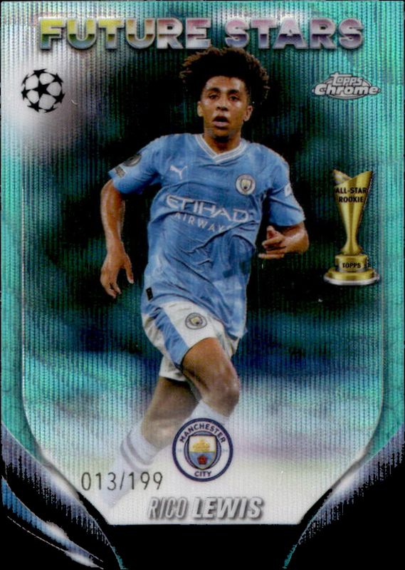 Rico Lewis 2023 Topps Chrome UEFA Club Competitions #105 Aqua Wave Refractor /199 RAW