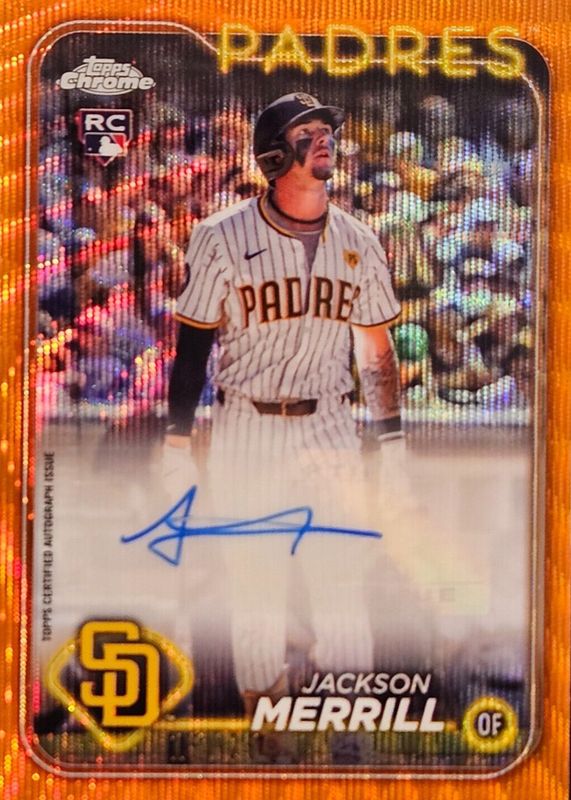 Jackson Merrill 2024 Topps Chrome Update #AC-JM Autographs - Orange Wave Refractor /25 Rookie PSA 10