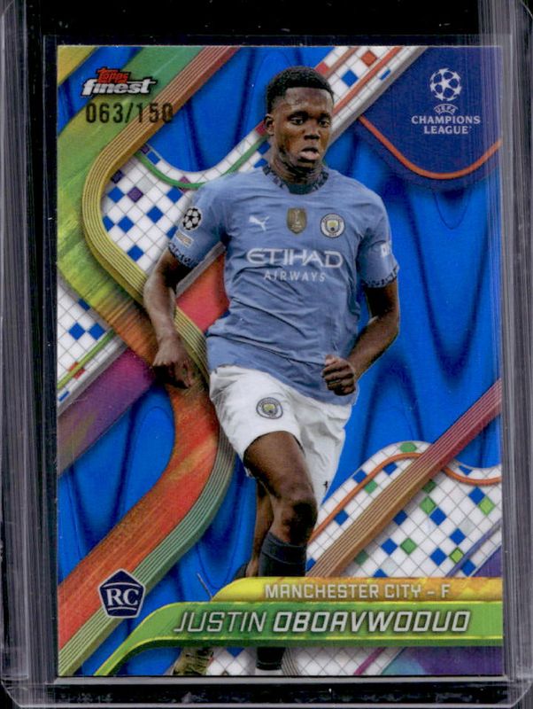 Justin Oboavwoduo 2024 Topps Finest UEFA Club Competitions #112 Blue RayWave Refractor /150 RAW