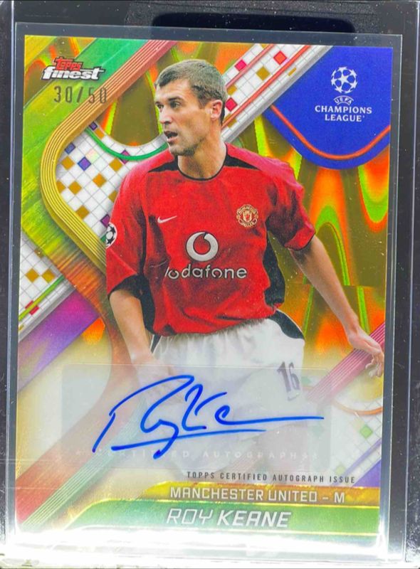 Roy Keane 2024 Topps Finest UEFA Club Competitions #BA-MU Base Autographs - Gold Wave Refractor /50 RAW