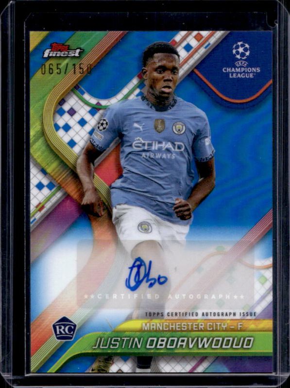 Justin Oboavwoduo 2024 Topps Finest UEFA Club Competitions #BA-JO Base Autographs - Blue Refractor /150 RAW
