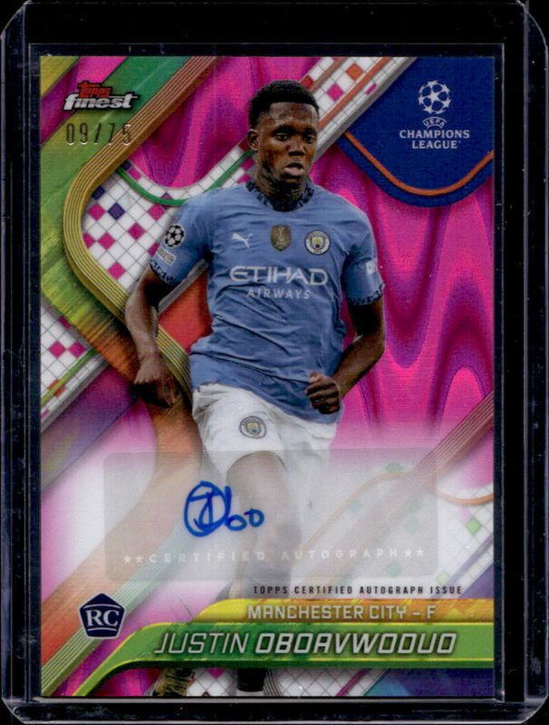 Justin Oboavwoduo 2024 Topps Finest UEFA Club Competitions #BA-JO Base Autographs - Magenta Wave Refractor /75 RAW