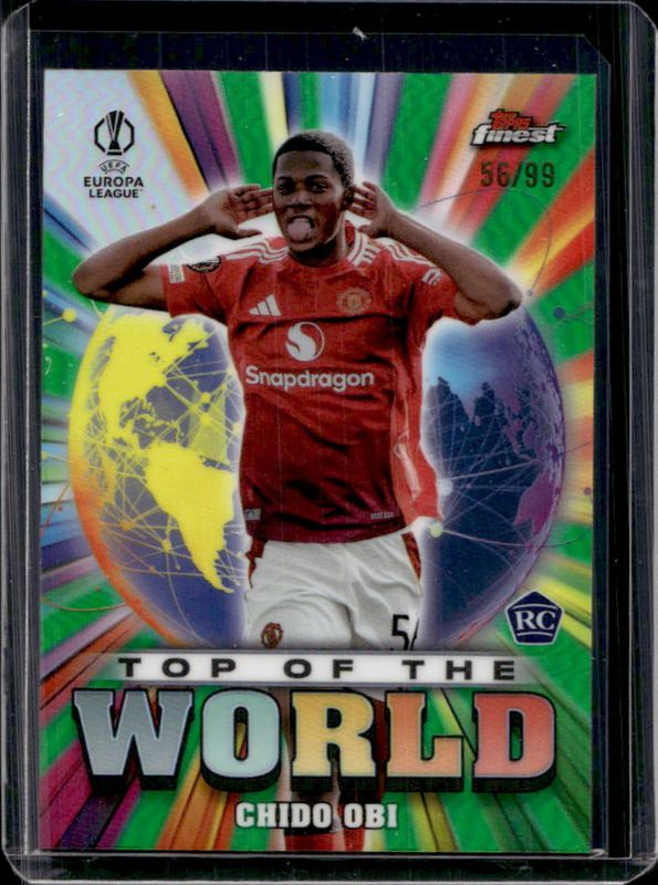 Chido Obi 2024 Topps Finest UEFA Club Competitions #TW-19 Top of the World - Green Refractor /99 Rookie RAW
