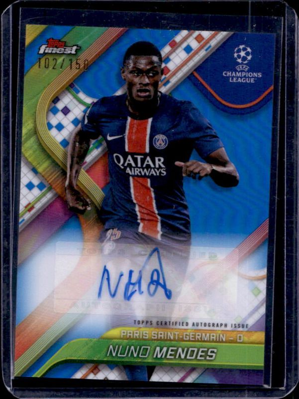 Nuno Mendes 2024 Topps Finest UEFA Club Competitions #BA-NM Base Autographs - Blue Refractor /150 RAW