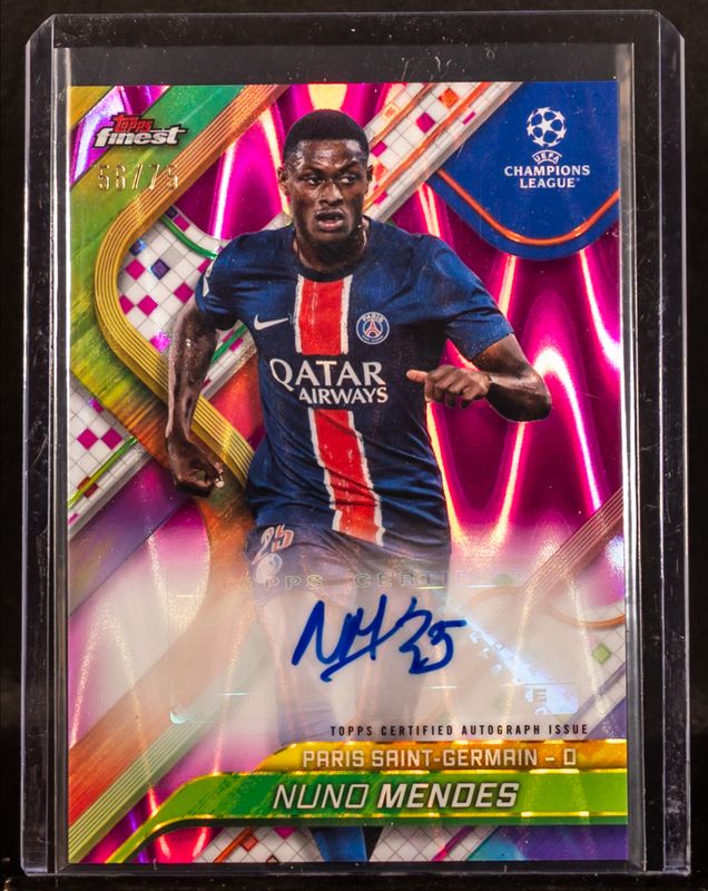 Nuno Mendes 2024 Topps Finest UEFA Club Competitions #BA-NM Base Autographs - Magenta Wave Refractor /75 RAW