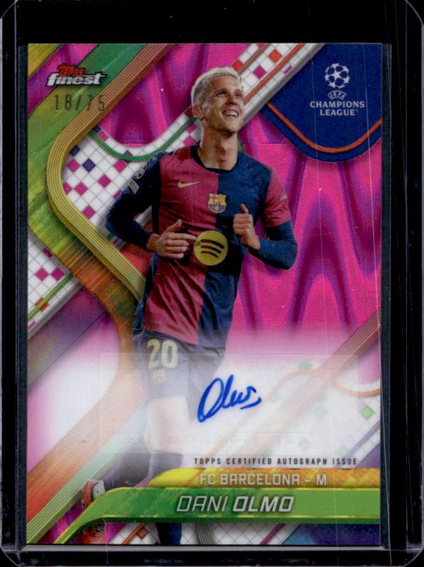 Dani Olmo 2024 Topps Finest UEFA Club Competitions #BA-OM Base Autographs - Magenta Wave Refractor /75 RAW