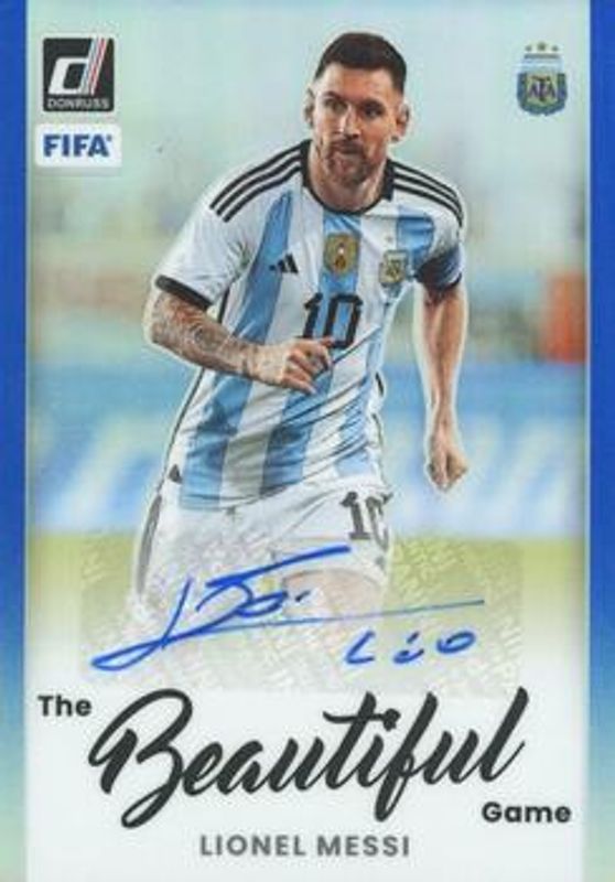 Lionel Messi 2022 Donruss #BA-LEO The Beautiful Game Autographs - Blue /99 RAW