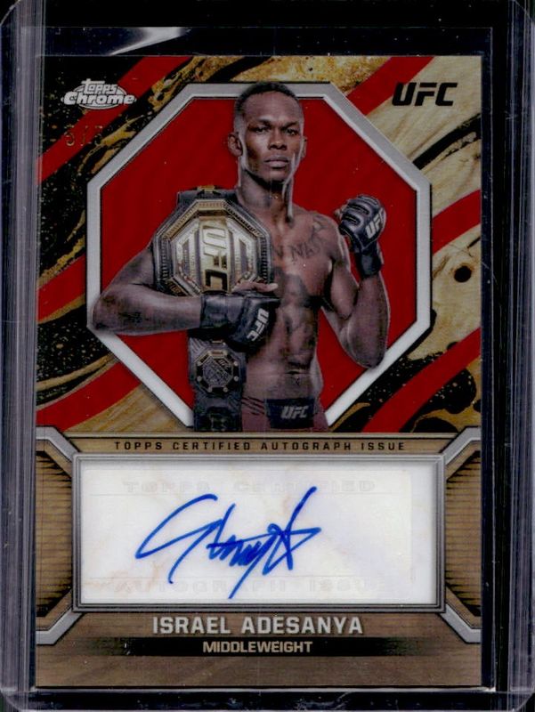 Israel Adesanya 2024 Topps Chrome UFC #MOC-IAD Marks of Champions Autographs - Red Refractor /5 RAW