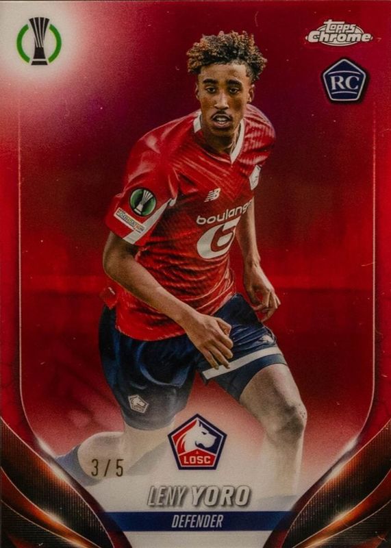 Leny Yoro 2023 Topps Chrome UEFA Club Competitions #154 Red Refractor /5 Rookie RAW