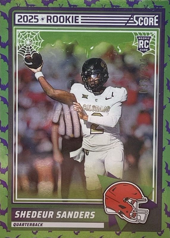 Shedeur Sanders 2025 Score-A-Treat #15 Green Bats /399 Rookie RAW