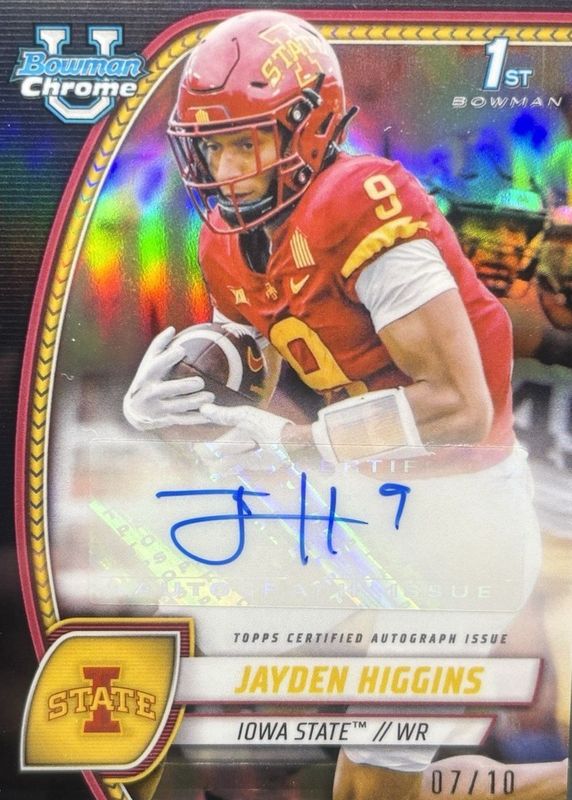 Jayden Higgins 2024 Bowman Chrome University #PA-JHI Prospect Auto - Black Refractor /10 (1st) RAW