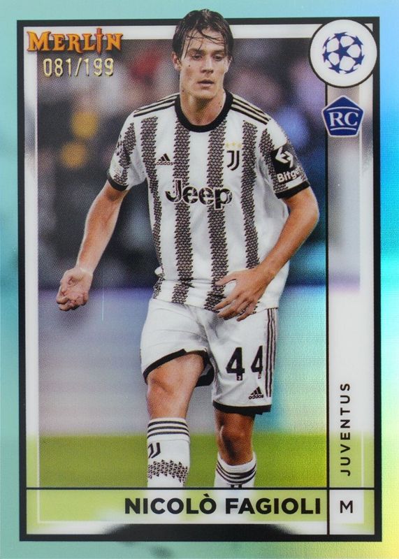 Nicolo Fagioli 2022 Topps Merlin Chrome UEFA Club Competitions #79 Aqua Prism Refractor Rookie RAW