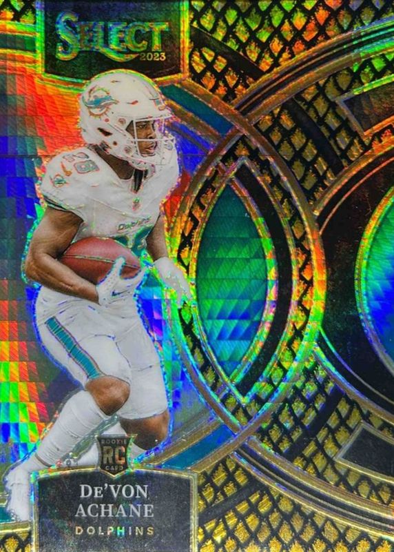 De'Von Achane 2023 Select #176 Premier Level Gold Dragon Scale /10 Rookie RAW