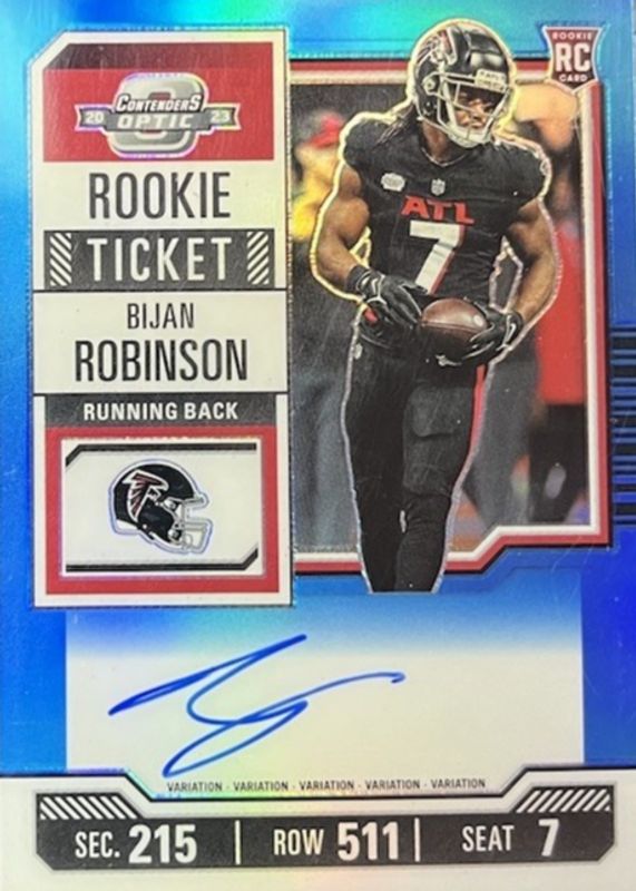 Bijan Robinson 2023 Contenders Optic #103 Rookie Ticket Auto Variation - Teal /75 RAW